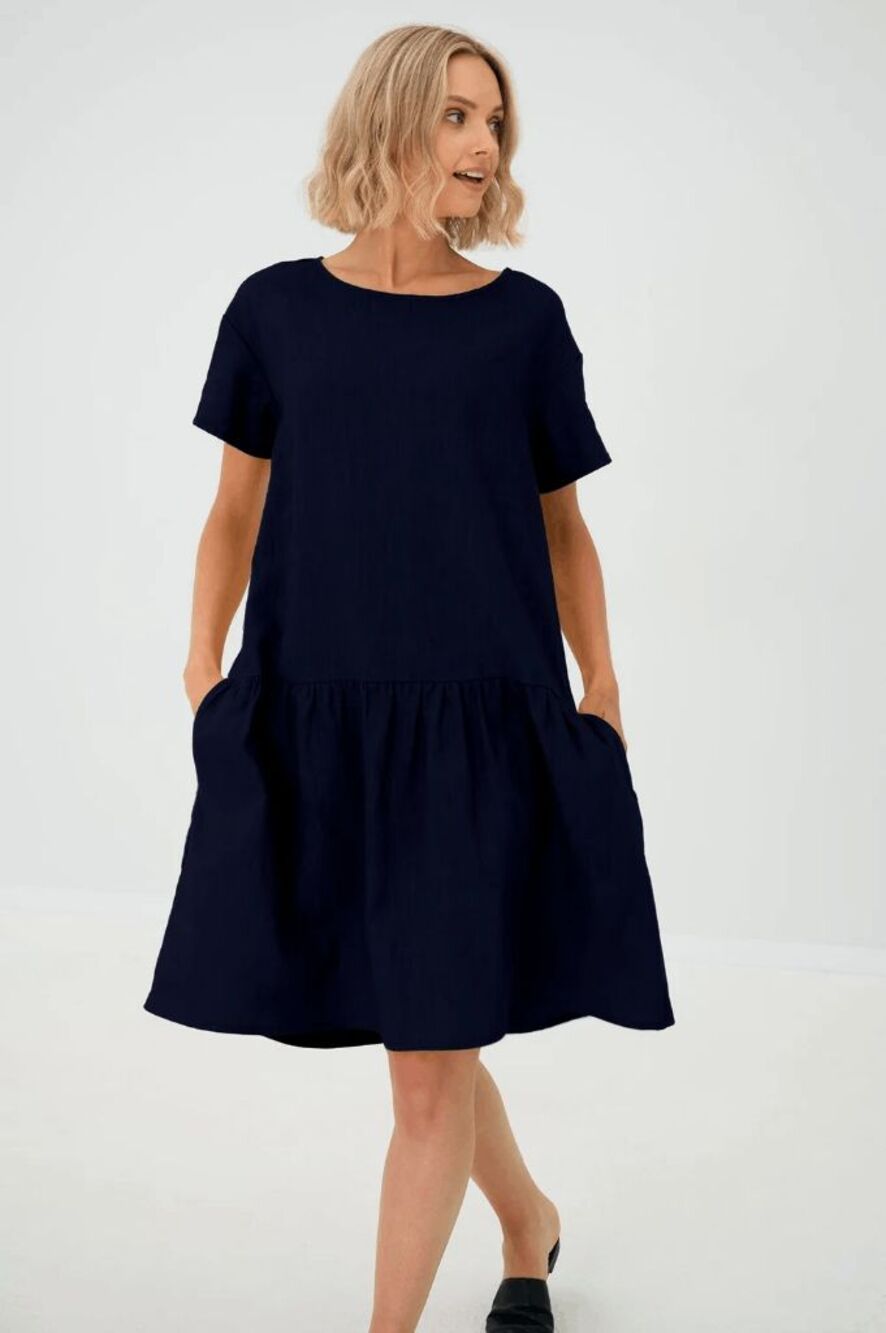 Le Muse Deep Navy Blue Blossom Linen Short Sleeve Mini Dress Women's Size Large